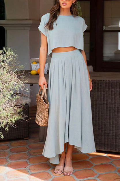 Short Sleeve Crop Top and Maxi Pleated Skirt Set