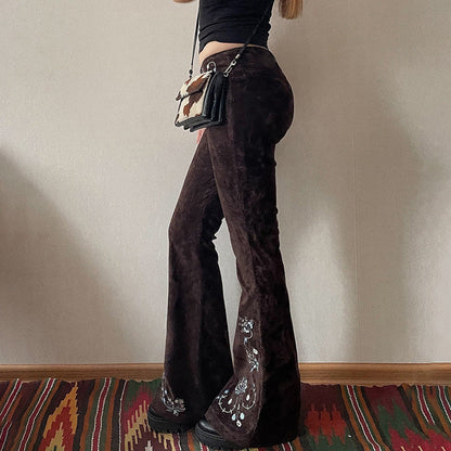 Brown Vintage Embroidered Flap Waist Design Flare Jeans