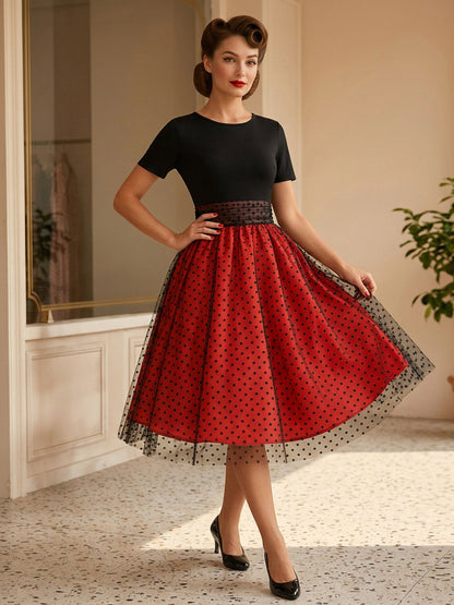 Retro Glamour Dress 1950s Style Jewel Neck Layered Short Sleeves Medium Polka Dot Rockabilly Dress
