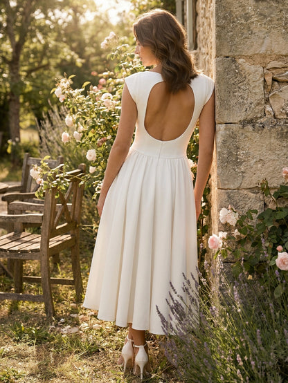 Boat Neck White Swing Dress For Women - Minimalist Elegant Open Back Midi Dress - Summer Date Night Outfits 2026