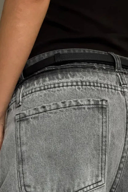 Waist Patch Distressed Straight Jean