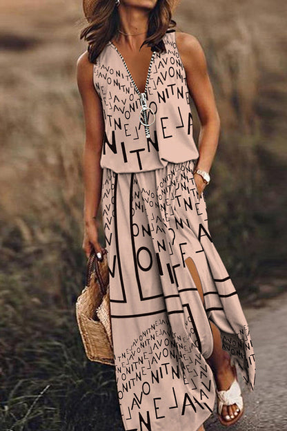 Sleeveless long dress casual women's waist zipper letter dress