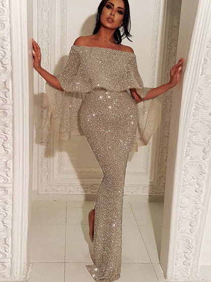 Ruffled One-shoulder Dress Sequins Maxi Dresses