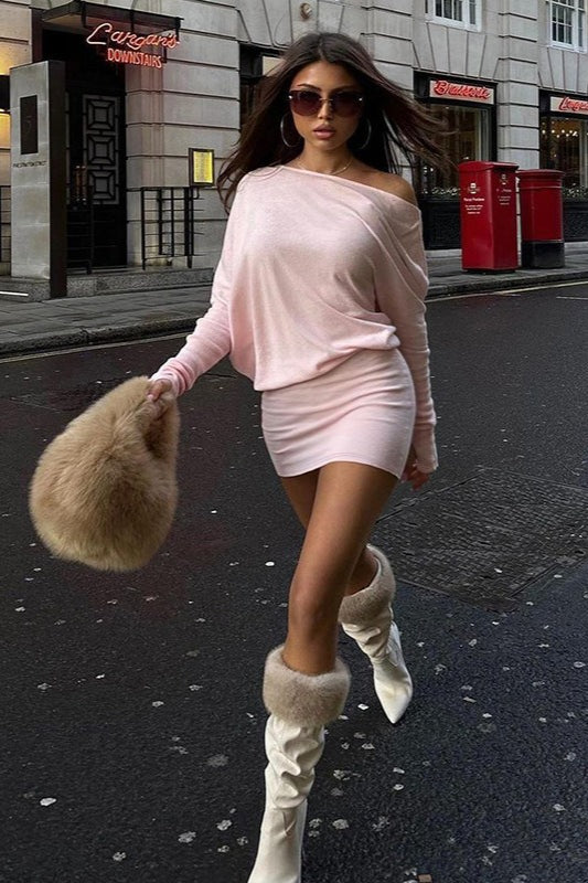 Off-Shoulder Long Sleeve Crop Top Bodycon Mini Skirt Set