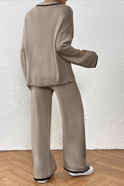 Lazy V-neck Knit Wide-Leg Pants Two Piece Set