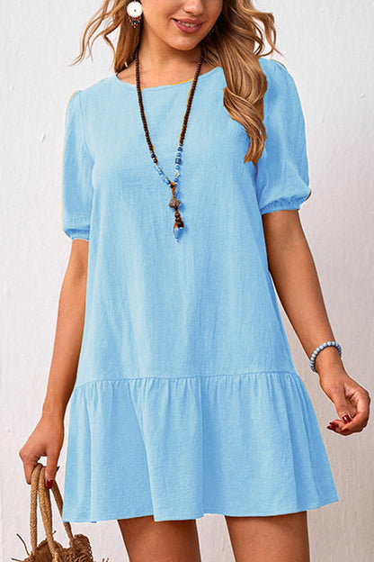 Solid Color Loose Waist Cotton Linen Round Neck Dress