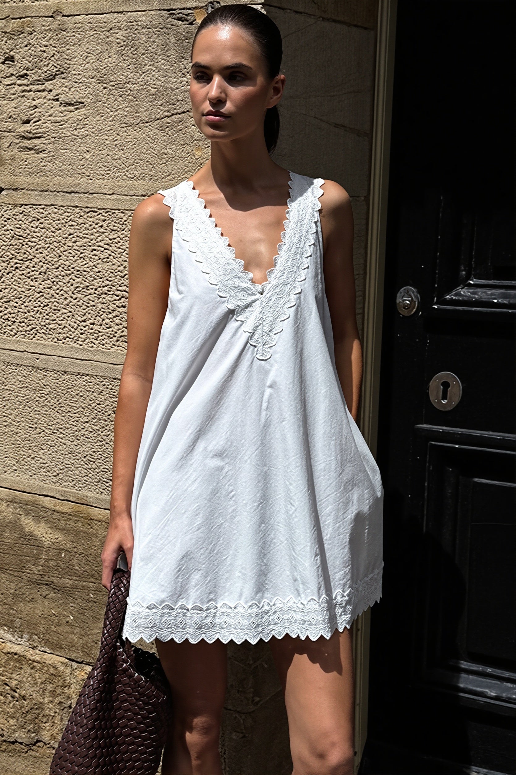 V-Neck Scalloped Lace Trim A-Line Wide Strap Mini Dress