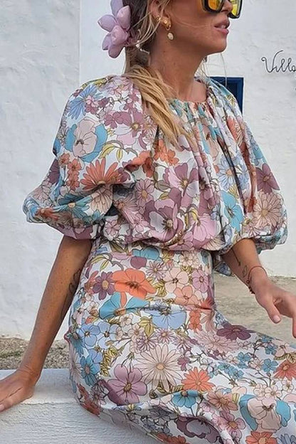 Holiday Floral Print Top & Skirt Two-Piece Set