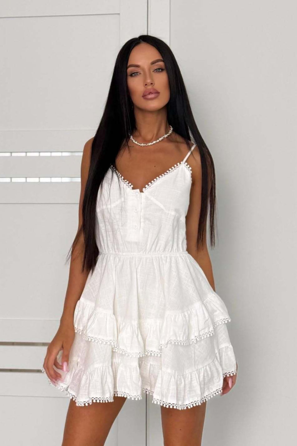 V Neck Button Front Pom Trim Tiered Ruffle Mini Dress