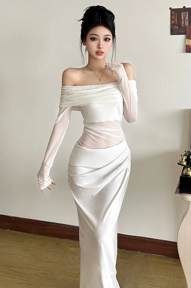 Off Shoulder Sheer Mesh Long Sleeve Ruched Bodice Draped Waist Panel Maxi Dress