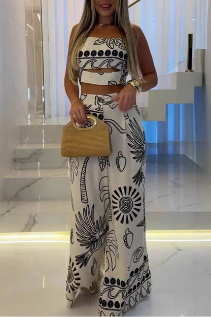 Elegant And Unique Ethnic Print Suspender Top And Wide-Leg Pants Set