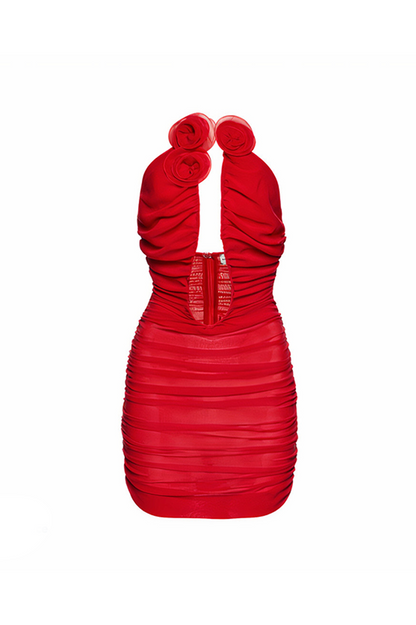 Bonnie Asymmetrical Rose Ruched Mini Dress