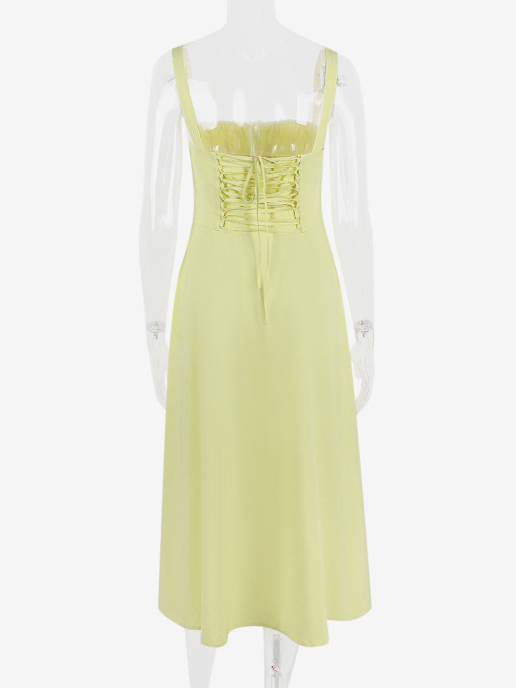 Soft Pink Summer Dress Sleeveless Straps Neck Cottagecore Lace Up Midi Dress For Women