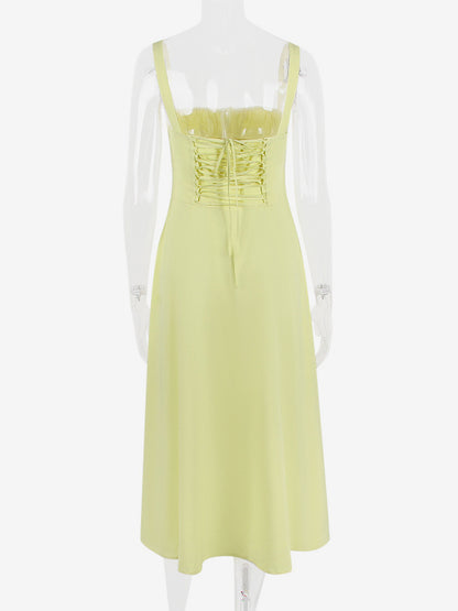 Soft Pink Summer Dress Sleeveless Straps Neck Cottagecore Lace Up Midi Dress For Women