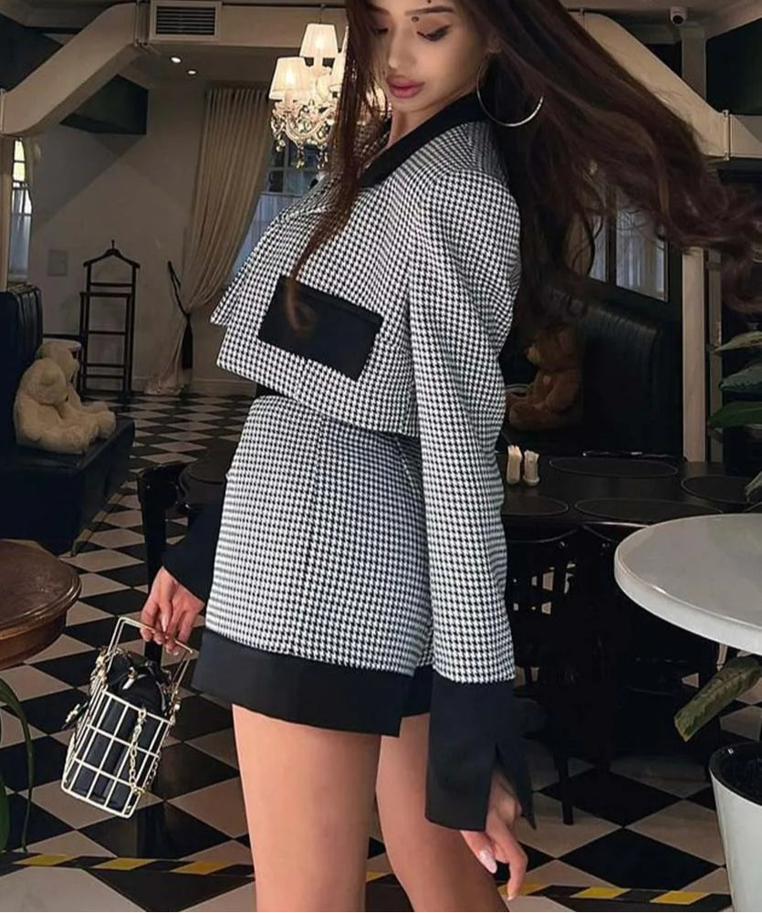 Black White Patchwork Crop Shorts Office Two Piece Set
