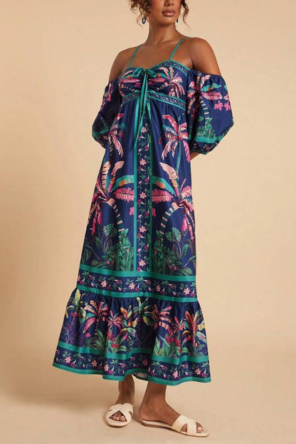 Coconut Tree Print Off-shoulder Half Sleeve Casual Vacation Maxi Dress