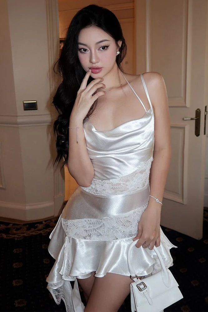 Cowl Neck Lace Panel Satin Cascading Ruffle Asymmetric Hem Mini Dress