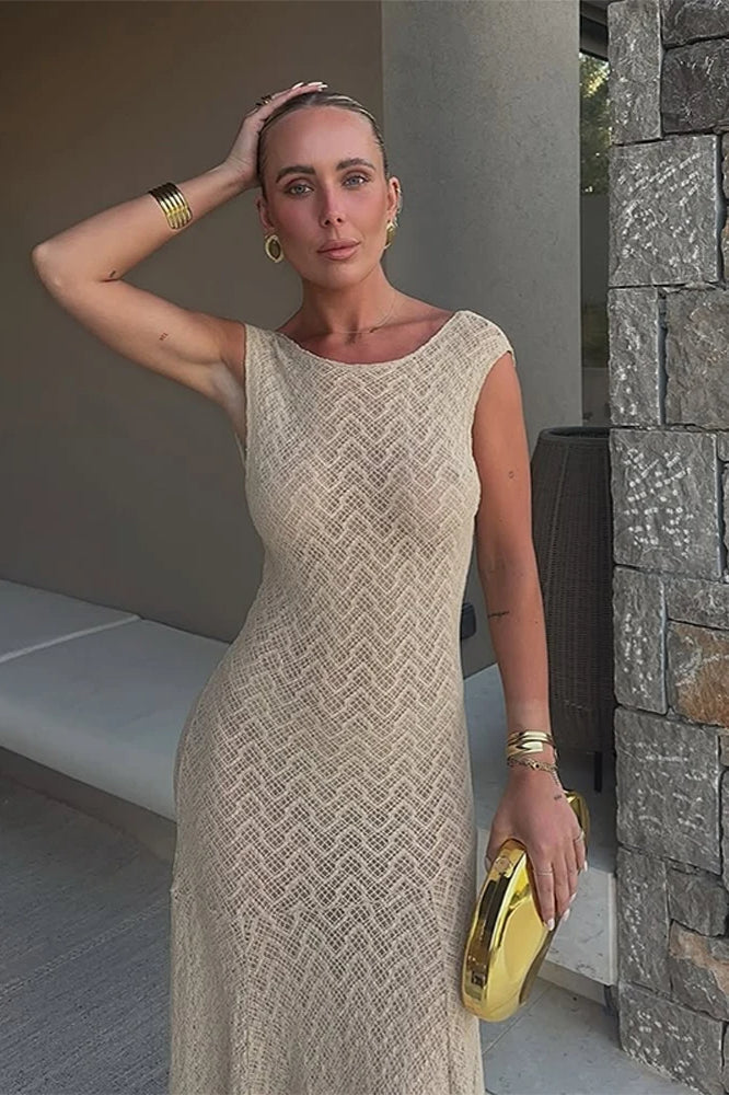 Crochet Knit Boat Neck Sleeveless Chevron Pattern Fit and Flare Maxi Dress