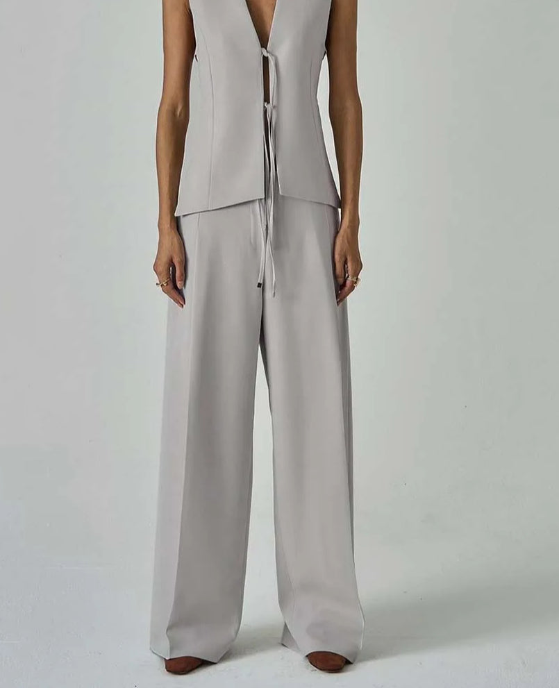 Grey Button Shirt Lace-Up Pants Office Two Piece Set