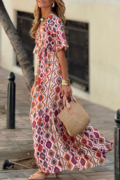 Vintage V Neck Short Sleeve Plaid Print Midi Dress