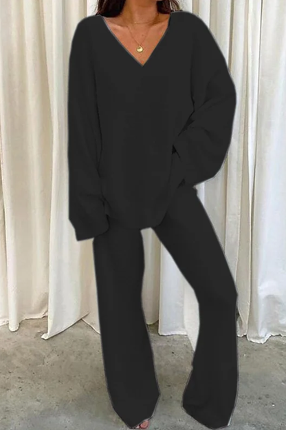 Comfortable Solid Color V-neck Daily Two-piece Set