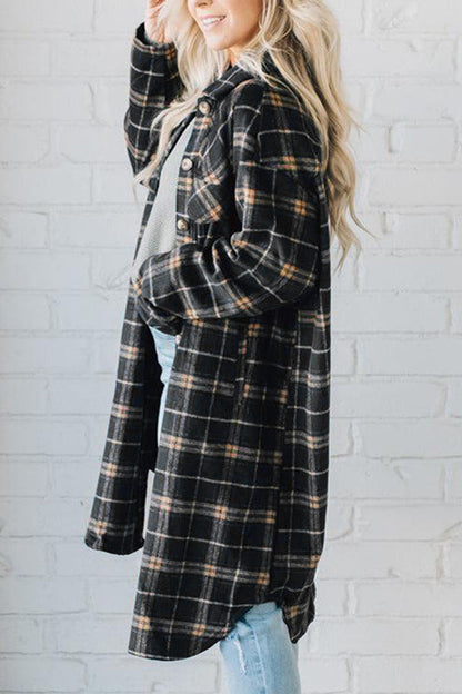 Black Plaid Button Front Pocketed Long Shacket
