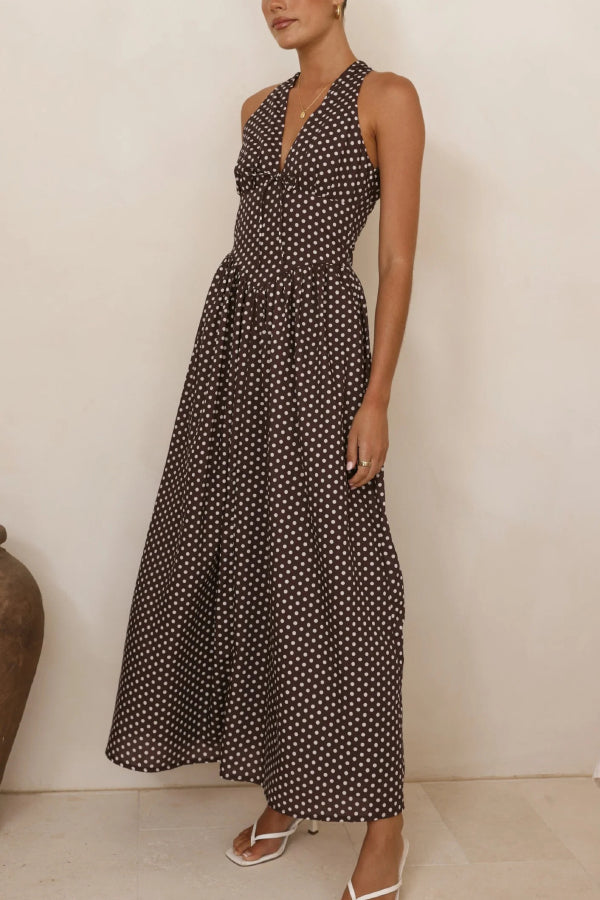 Polka Dot Print Halter Neck Fitted Waist Holiday Maxi Dress