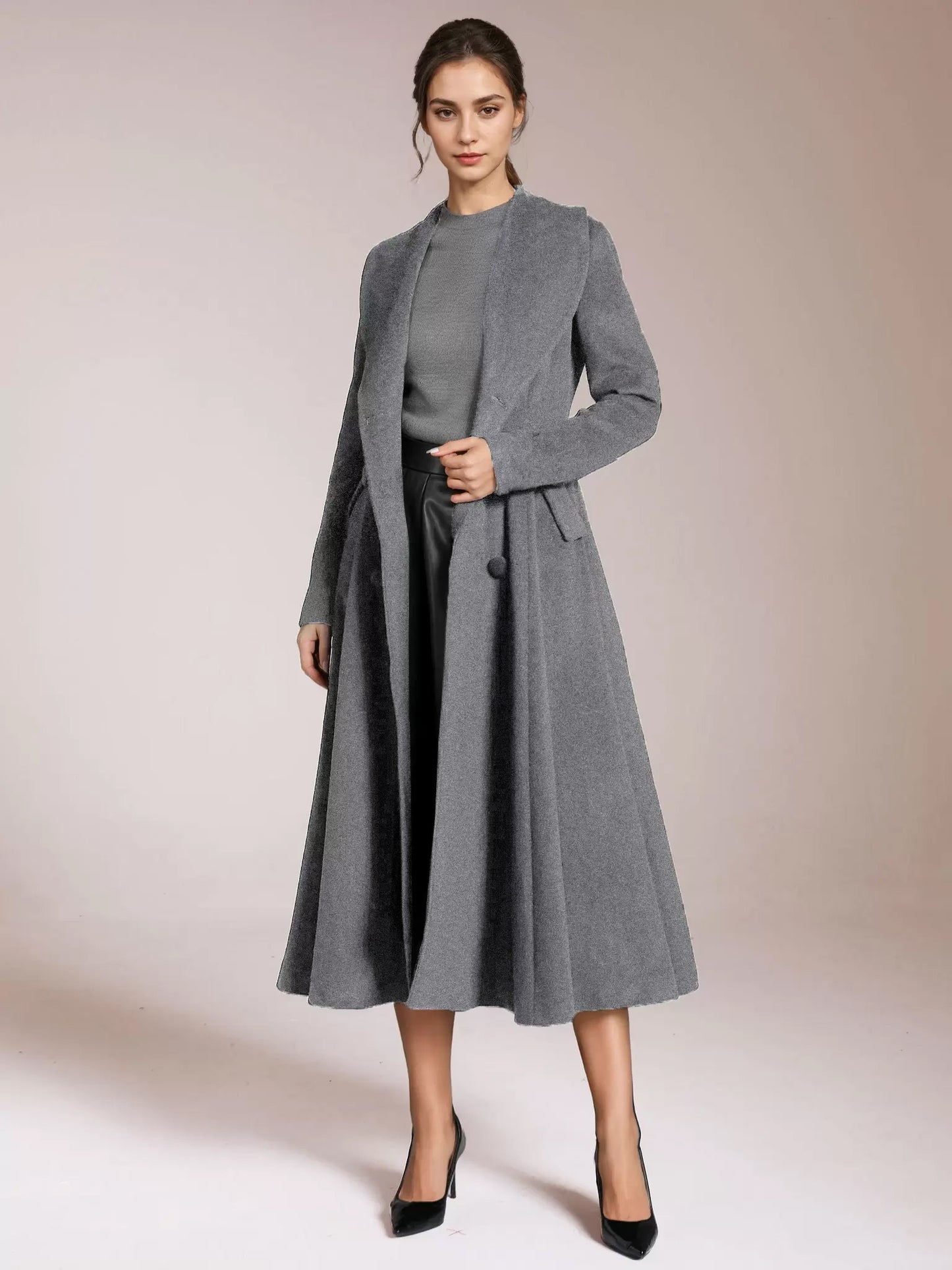 Burgundy Woolen Flared Coat Vintage Shawl Collar Double-breasted Winter A-line Outerwear For Women 2026