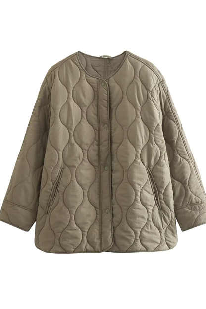 Solid Color Loose Round Neck Quilted Jacket