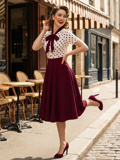 Polka Dot Patchwork Bow Tie Neck Short Sleeve Retro Swing Dress For Women 2026