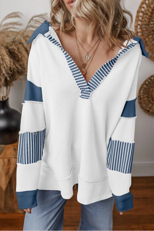 Light French Beige Striped Patchwork Collar Sweatshirt