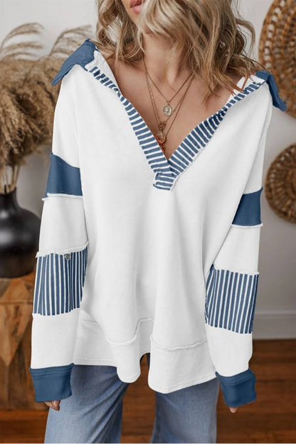 Light French Beige Striped Patchwork Collar Sweatshirt