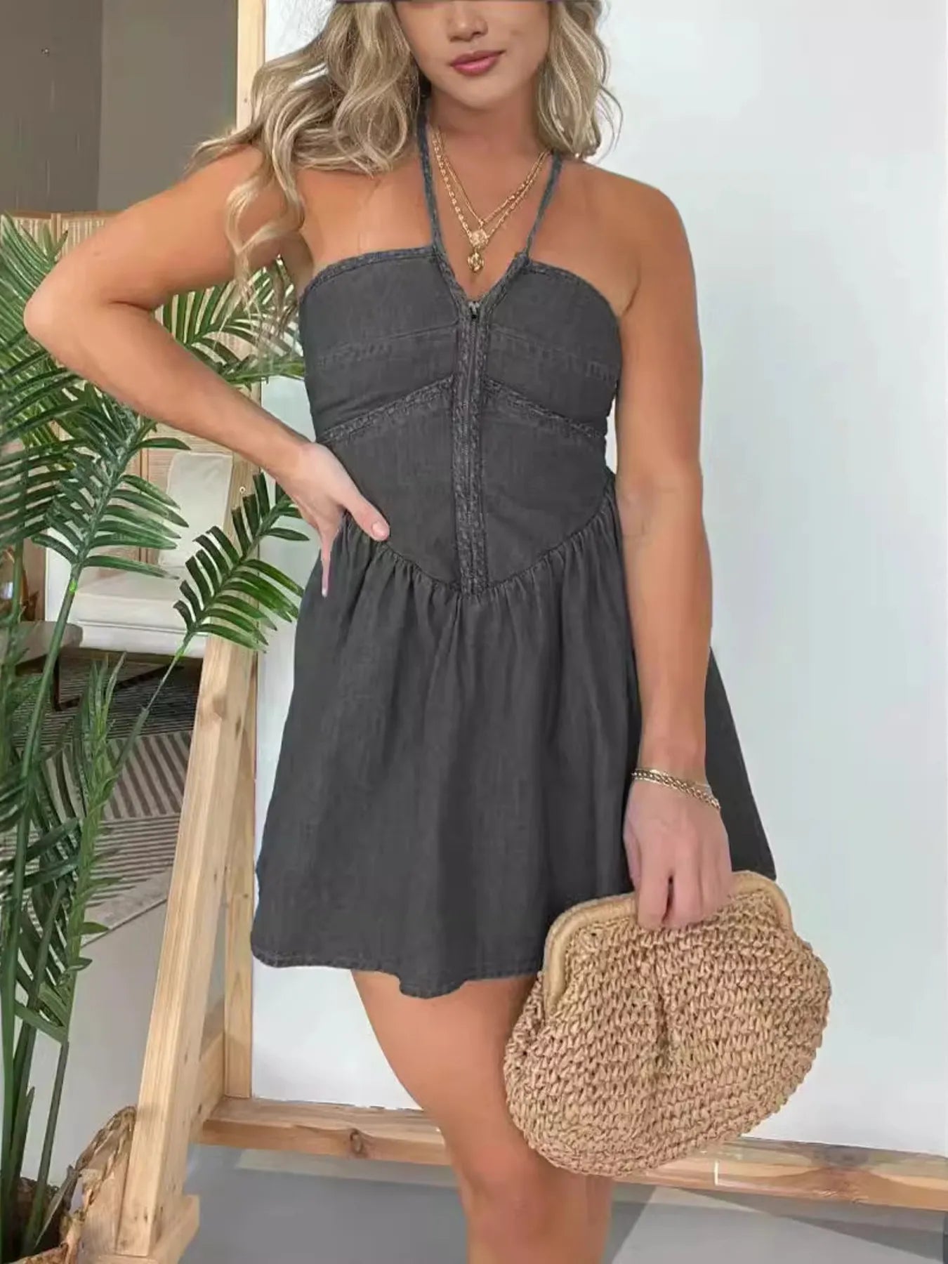 Denim Halter Neck Zip Front Fit and Flare Mini Dress