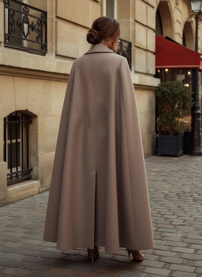 Maxi Double-breasted Woolen Coat With Detachable Cape And Belt For Women 2026
