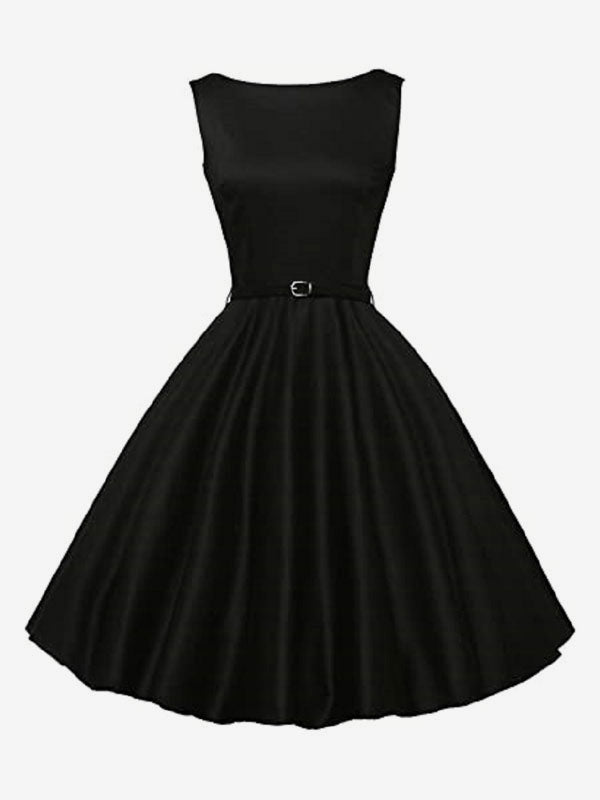 Vintage 1950s Swing Cocktail Dress Women - Sleeveless Boat Neck A-Line Belted Audery Style Midi Gown - Wedding Guest 2026