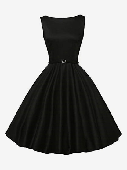 Vintage 1950s Swing Cocktail Dress Women - Sleeveless Boat Neck A-Line Belted Audery Style Midi Gown - Wedding Guest 2026