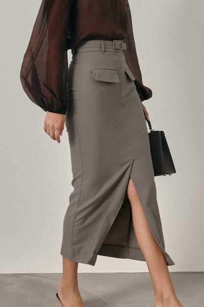 High Waist Front Slit Bodycon Midi Skirt
