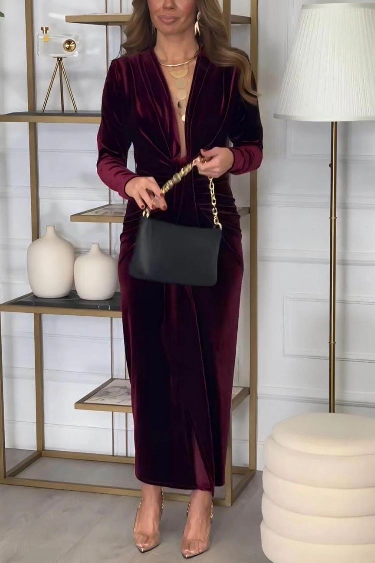 Classic Elegant Pleated Deep V Slit Party Maxi Dress