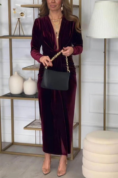 Classic Elegant Pleated Deep V Slit Party Maxi Dress