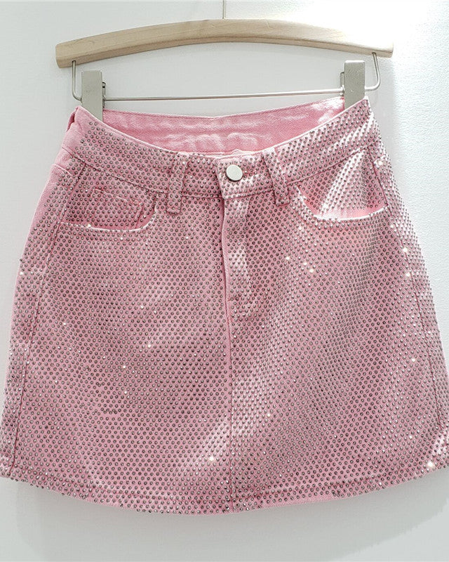 Hot Rhinestoned Denim Hip-Hugging Short Skirt