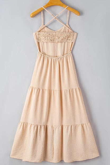 Oatmeal Crossover Backless Bodice Tiered Maxi Dress