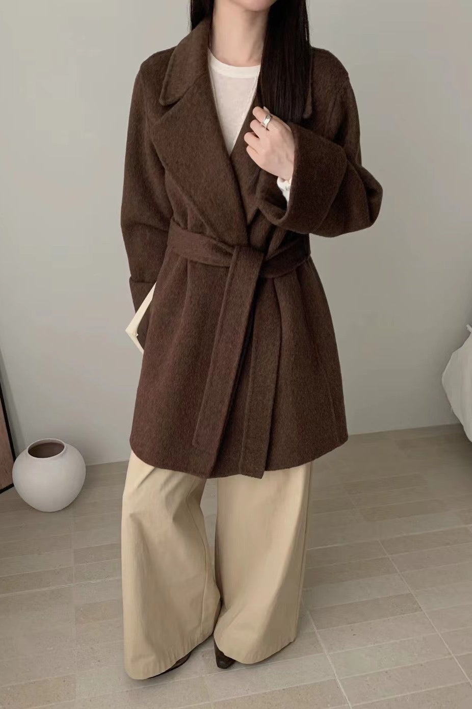 Robe-Style Double-Face Wool Long Hepburn Coat