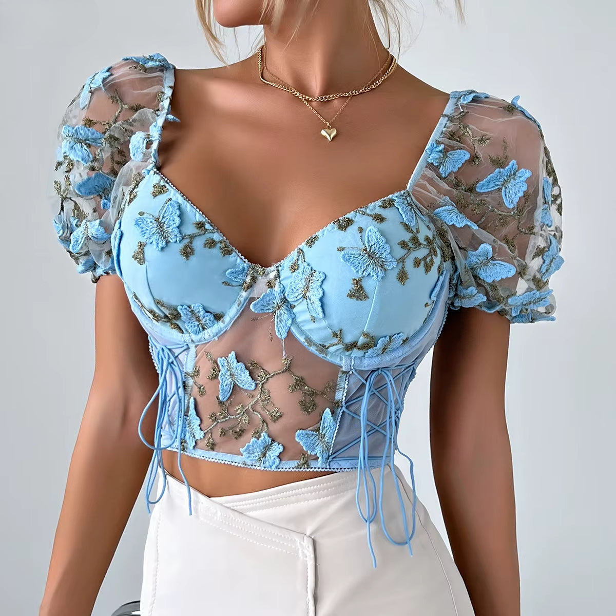 Butterfly Embroidered Mesh Puff Sleeve Lace-up Corset Top