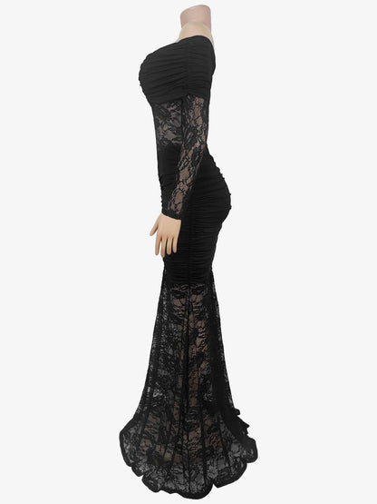 Off Shoulder Ruched Lace Sheer Panel Slim Fit Fishtail Long Gown For Women 2026