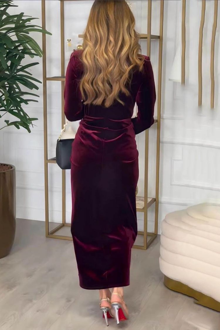 Classic Elegant Pleated Deep V Slit Party Maxi Dress