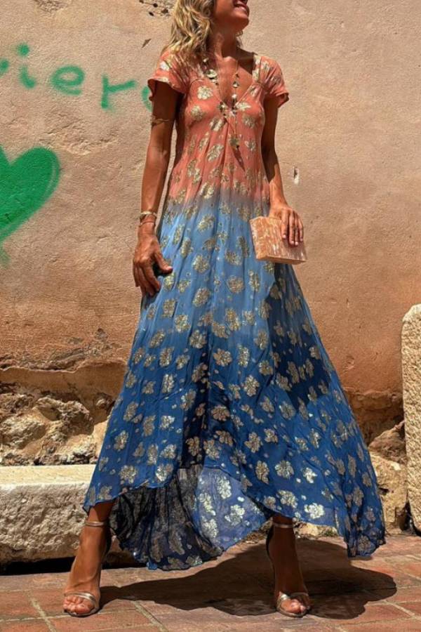 Evaluna Tie Dye Gradient Golden Flower Print Short Sleeve A-line Maxi Dress