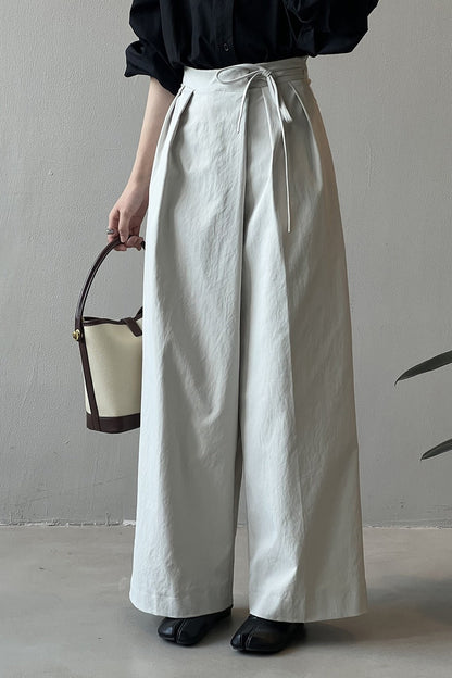 Asymmetrical Placket Tie Relaxed High Waist Long Pants