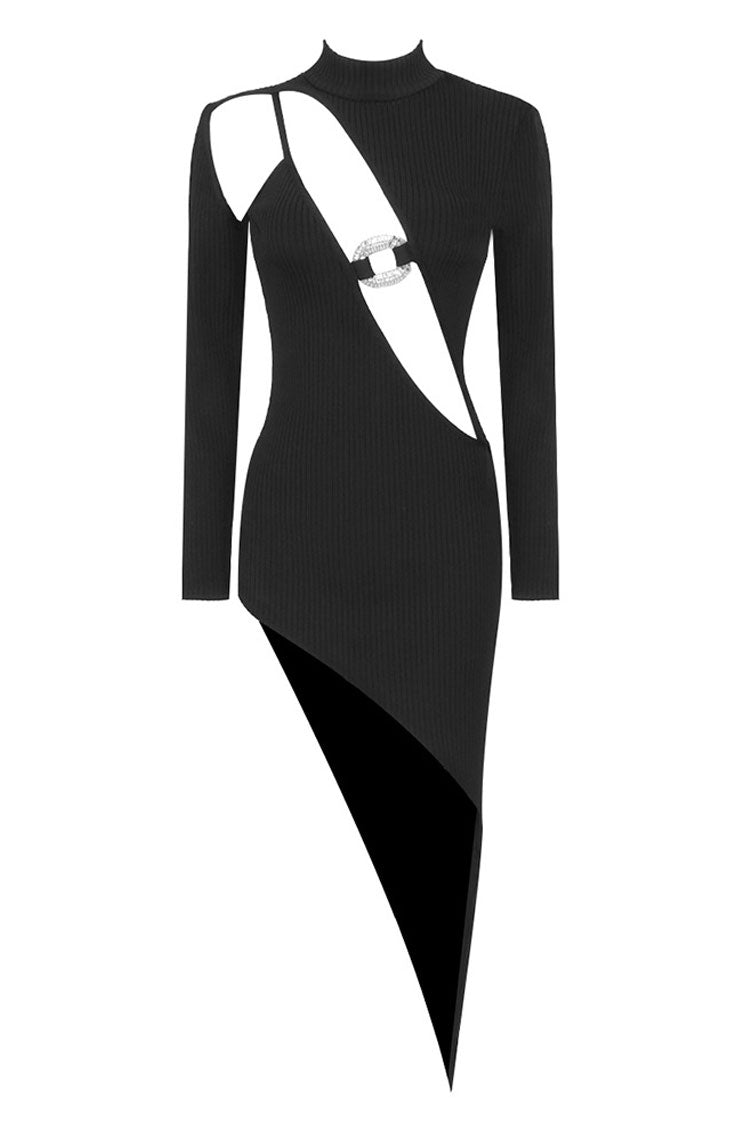 Mock Neck Long Sleeve Cut Out Buckle Asymmetric Hem Bandage Mini Dress