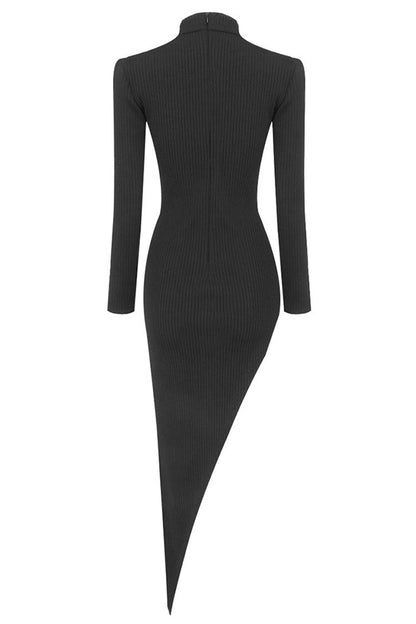 Mock Neck Long Sleeve Cut Out Buckle Asymmetric Hem Bandage Mini Dress