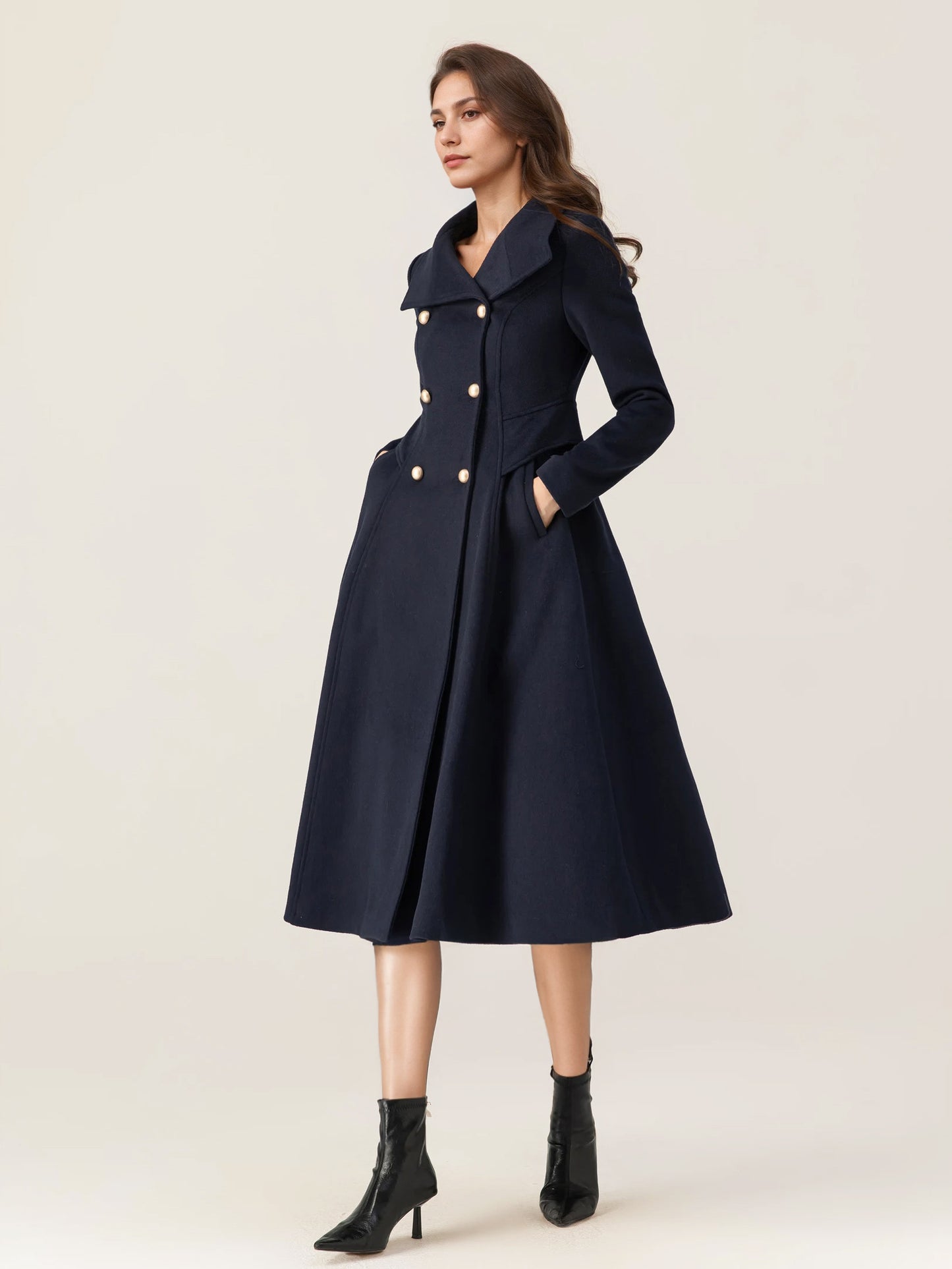 Woolen Flared Coat For Woman Stand Collar Dark Navy Vintage Double-breasted Winter Midi Outerwear 2026